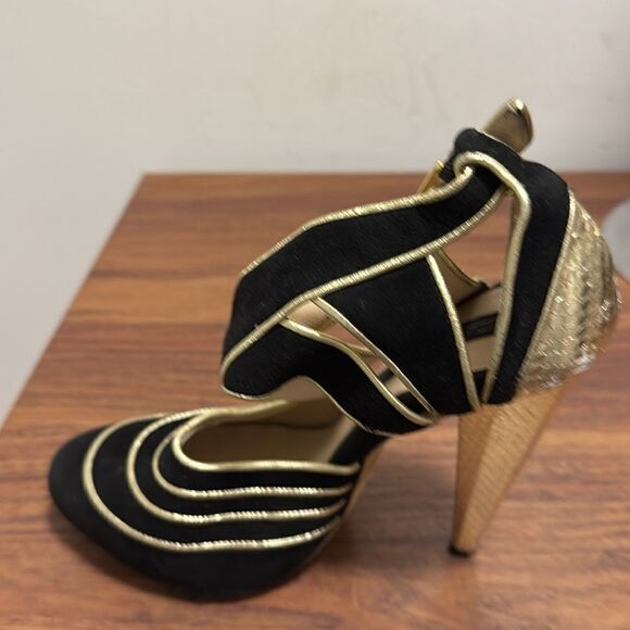 Christie Morris Black Suede & Gold Reptile Stiletto Ankle Strap Shoes. Size 38. - Picture 5 of 11